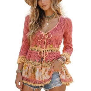 Ivy Jane Cottagecore Coral Crochet Knit Ruffle Cardigan Fairy Whimsical XS Boho